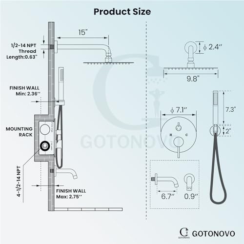 gotonovo Tub Shower Faucet Set with Valve,Matte Black,Straight Handheld | 10” Rain Shower Head with Handheld Trim Kit,Luxury Shower System with Tub Spout,All Metal,Bathroom Wall Mounted 3 Function - color: Black