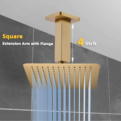 4 Inch Shower Arm with Flange, Ceiling Mounted Square Shower Head Extension Arm, 1/2 NPT Straight Arm for Rain Shower Head, Stainless Steel Shower Head Extension Replacement Pipe Arm, Brushed Gold - color: Brushed Gold, style: 4-Inch