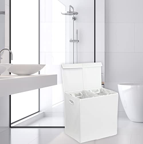 Simple Houseware Double Laundry Hamper with Lid & Removable Bags, White | Heavy Duty 600D Polyester, Water-Resistant Surface - color: White