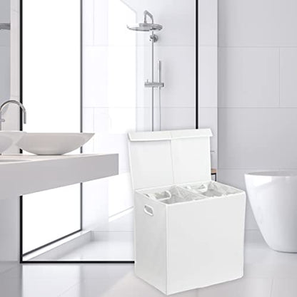 Simple Houseware Double Laundry Hamper with Lid & Removable Bags, White | Heavy Duty 600D Polyester, Water-Resistant Surface - color: White