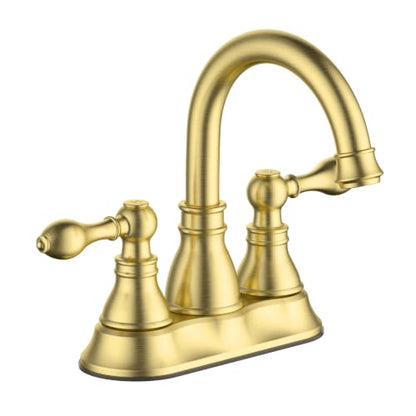 Brushed Gold 4 Inch Centerset Bathroom Sink Faucet 3 Hole with Pop up Drain | Derengge High Arc Classic 2-Handle Bathroom Faucet, Vanity Lavatory Faucet with 360° Swivel Spout，F-4501-CS - color: Brushed Gold