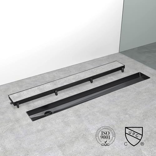 36 Inch Offset Linear Shower Drain,Black 304 Stainless Steel | Offset Side Outlet,Easy to install,Tile-In Grate,Hair Catcher,Leveling Feet,Complete Install Kit, Removable Grate Cover - color: Black, size: 36 inch