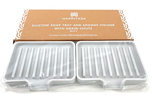 Silicone Soap Dish Tray and Sponge Holder with Drain Chute, Rectangular, Kitchen and Bathroom Sink Organizer (Light Grey, 5.2"x4" (Set of 2), 7.2 Ounces) - color: Light Grey, size: (SM) 5.2"x4" (2pcs)
