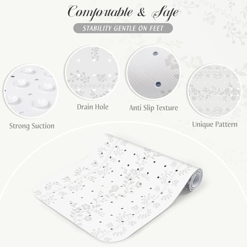 SHUCHING White Bath Mat for Tub Non Slip-40x16 Inch, Flower | Bathtub Mat for Women & Elderly Mold Free, Long Shower Mat for Inside Shower with Suction Cup, Machine Washable - color: White