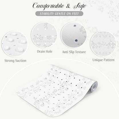 SHUCHING White Bath Mat for Tub Non Slip-40x16 Inch, Flower | Bathtub Mat for Women & Elderly Mold Free, Long Shower Mat for Inside Shower with Suction Cup, Machine Washable - color: White