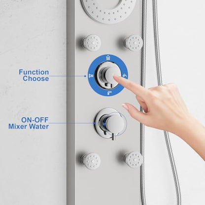 RUMOSE Brushed Nickel Shower Panel Tower System, 5-Mode Shower Faucet Set | LED Light Rainfall Shower Head Digital Display with Massage Jets Tub Spout Shower Shelves, Stainless Steel, Wall Mount - color: Brushed Nickel
