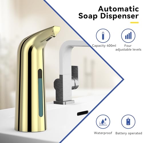 Automatic Soap Dispenser, Plastic Material for Bathroom & Kitchen | 4-Level Adjustable Touchless Hand Soap Dispenser ,13oz/400ml Battery Operated Electric Dispenser, Gold Soap Dispenser - color: Gold