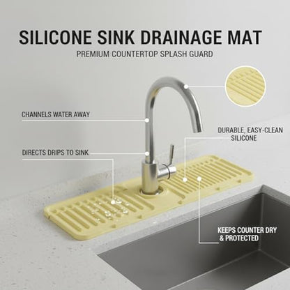 Silicone Faucet Splash Guard Mat for Kitchen & Bathroom Sinks, Flexible Water Drainage Tray with Slots, 13 x 3.35 Inches - color: Yellow