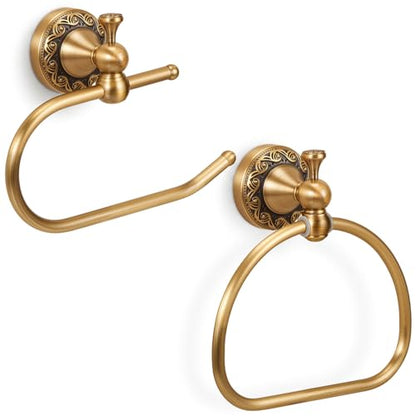 2 Pcs Antique Brass Toilet Paper Holder Towel Ring Set, Vintage Bathroom Hardware, Wall Mounted Toilet Tissue Holder Hand Towel Ring, Rustproof Brass Bathroom Accessories(Style 1) - style: Style 1