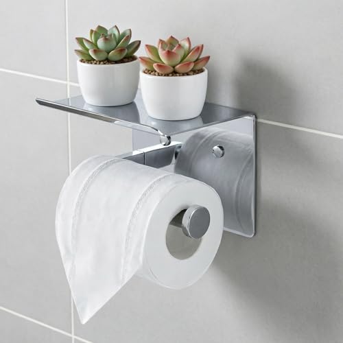 Toilet Paper Holder with Shelf, Heavy-Duty Stainless Steel Bathroom Hardware, Self-Adhesive No-Drill/Drill-Mount Wall-Mounted Roll Holder, Rust-Proof Bathroom Tissue Rack (Chrome) - color: Chrome