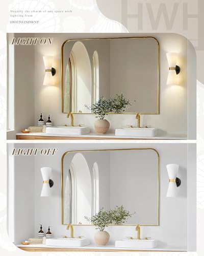 Wall Sconces Set of Two, HWH 14.3 Inch Black and Gold Bathroom Sconces with Frosted Milk White Striped Glass, Up Down Modern Wall Light fixtures for Living Room Bedroom, 5HZG97B-2W-2PK BK+BG - color: Black and Gold, size: 2-Light*2