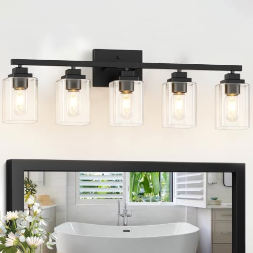 Matte Black Bathroom Vanity Light, 5-Light Modern Vanity Lighting Fixtures Over Mirror with Clear Glass Shade,Square Design,Wall Sconces for Living Room Cabinet Bedroom,E26 Socket - size: 5-Light