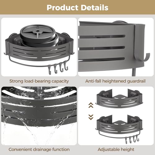 2 Pcs Corner Shower Caddy, Double-Layer Suction Cup No-Drilling Aluminum Organizer, Gray Triangular Bathroom Shelves with Towel Bar & Hooks, Wall Mount Space-Saving for Shower & Kitchen