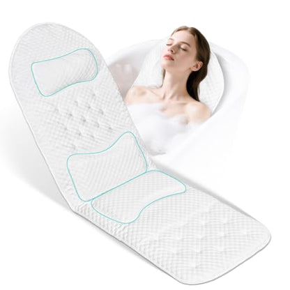 Full Body Bath Pillow for Bathtub, Thick Soft Tub Cushion with Non-Slip Suction Cups Dual Hooks, Luxury Spa Pillow for Neck Back and Hip Support, 55" x 18" - color: White