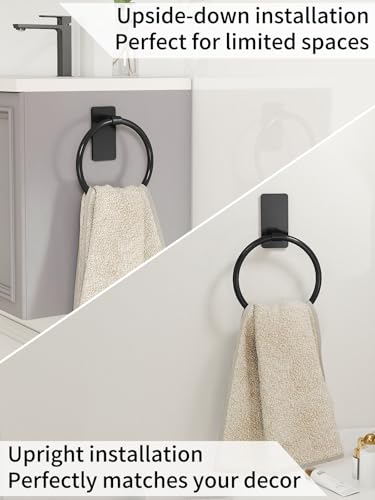 STWWO Hand Towel Holder for Bathroom, Adhesive Round Towel Ring, Black | for Bath RV Kitchen, Self Adhesive No Drill Hole, Easy to Install - color: Black