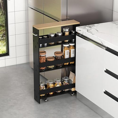 COSTWAY Slim Rolling Storage Cart, 4-Tier Rolling Utility Cart, Wood Kitchen Storage Cart with Handle & Wheels, Narrow Rolling Shelving Unit for Kitchen Bathroom Laundry Small Places (Dark) - color: Dark