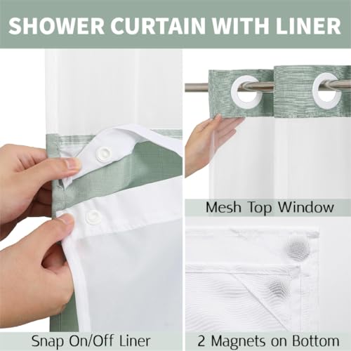 No Hooks Sage Boho Faux Linen Shower Curtain with Snap-in Liner Set, Textured Hotel Luxury Bathroom Curtain with See Through Top Window, Waterproof & Washable, 72x84 inches - color: Sage, size: 72"W x 84"L (Pack of 1), style: No Hooks