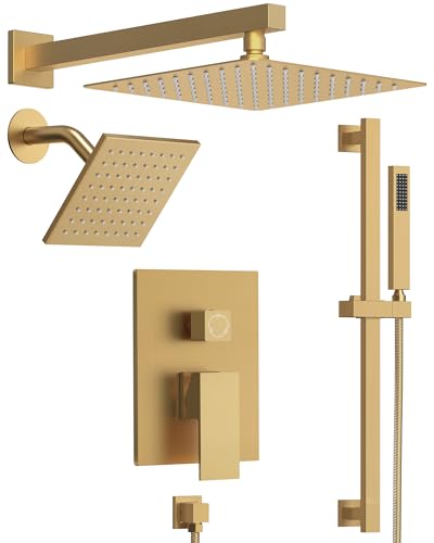 Shower Faucet Set, 10" & 6" Dual Rainfall Shower Heads System for Wall Mount with Slide Bar & Handheld Sprayer, Brushed Gold - color: Brushed Gold