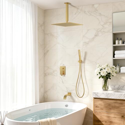 Brushed Gold Shower System with Tub Spout, Ceiling Mounted Bathtub Shower Faucet Set, 12" Rainfall Shower Head and Handheld Shower Combo, High Pressure Shower Fixtures Set with Rough-in Valve - color: Brushed Gold, style: 12" Ceiling Mounted Shower System
