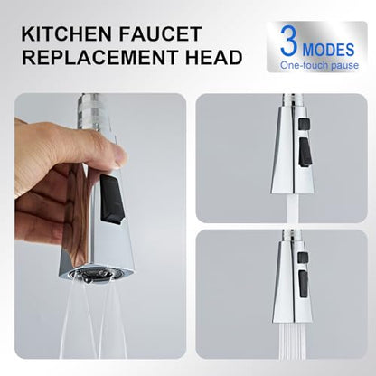 Square Kitchen Faucet Head Replacement Part, G1/2 (13/16" Male Thread) Pull Down Pull Out Sink Sprayer Nozzle, 3-Mode Stream Spray Pause Commercial Utility Tap Spout Only, Chrome - color: Dual Button Spray Head - Chrome