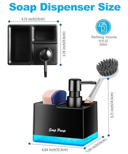 Dish Soap Dispenser with Sponge Holder, Small Hand Soap Dispenser with Sponge Caddy and Brush Holder, 3-in-1 Countertop Organizer for Kitchen Sink and Bathroom (Black) - color: Black