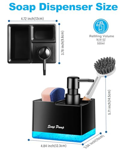 Dish Soap Dispenser with Sponge Holder, Small Hand Soap Dispenser with Sponge Caddy and Brush Holder, 3-in-1 Countertop Organizer for Kitchen Sink and Bathroom (Black) - color: Black