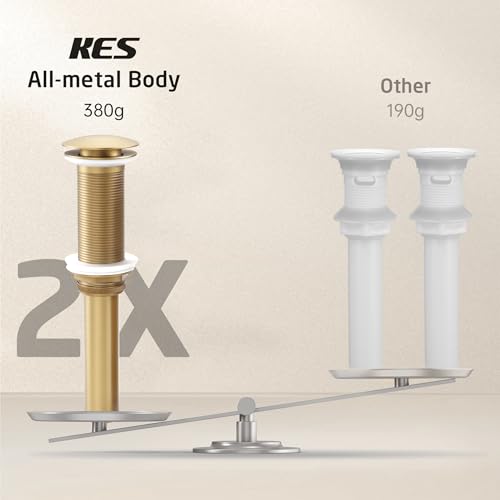 KES Brushed Gold Bathroom Pop Up Drain with Extended Thread, No Overflow | All-Metal Brass & Stainless Steel, Fits 1.6-1.9 In Sink Hole, Up To 3.94 In Thick Countertops, Easy Install - color: Brushed Gold, style: NO Overflow, Long Thread