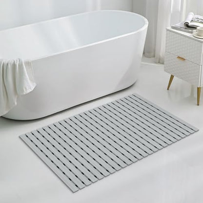 OTHWAY Large Shower Mat, 35.4 x 24 Inch No Suction Cup Shower Mat Non Slip, Quick Drain Shower Mats for Inside Shower, Heavy Duty PVC Shower Floor Mat, Curlable Shower Stall Mat (Light Grey) - color: Light Grey