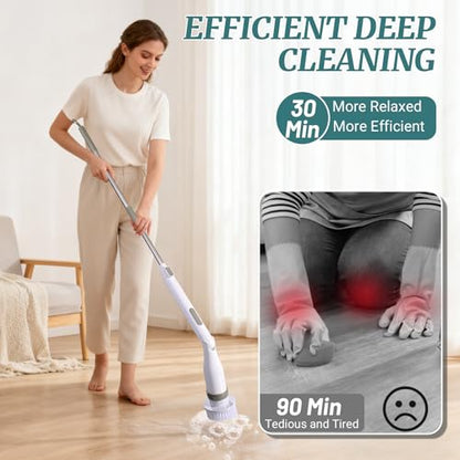 Electric Spin Scrubber, IPX7 Waterproof Shower Cleaning Brush with 8 Replaceable Brush Heads, Extendable Long Handle and 2 Adjustable Speeds Tools White