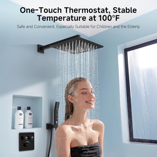 SR SUN RISE 100℉ Brushed Matte Black Shower System,12 Inch | Luxury Rainfall Shower Head,High-Pressure Handheld Shower,Soild Brass,Wall Mount,Valve and Trim Kit Included - color: Matte Black, style: 12"