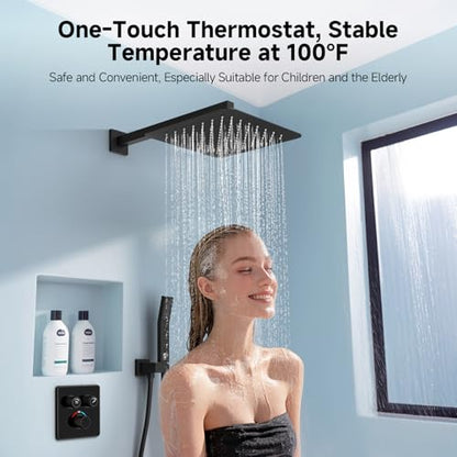 SR SUN RISE 100℉ Brushed Matte Black Shower System,12 Inch | Luxury Rainfall Shower Head,High-Pressure Handheld Shower,Soild Brass,Wall Mount,Valve and Trim Kit Included - color: Matte Black, style: 12"