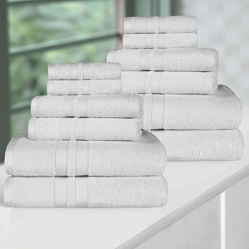Superior Ultra-Soft Cotton Towel Set, 4 Bath Towels, 4 Hand Towels, 4 Face Towels/Washcloths, Quick-Dry, Shower, Spa Basics, Essentials, Solid, Double Line Dobby Border, 12 Piece Set, Silver