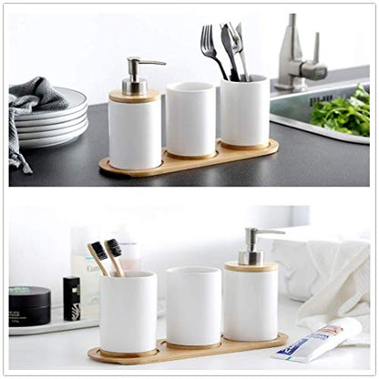 4-Piece White Ceramic Bathroom Accessories Set Includes Lotion Soap Dispenser Pump, Toothbrush Holder, Tumblers and Bamboo Tray, Modern Bathroom Accessories Set Complete - style: White