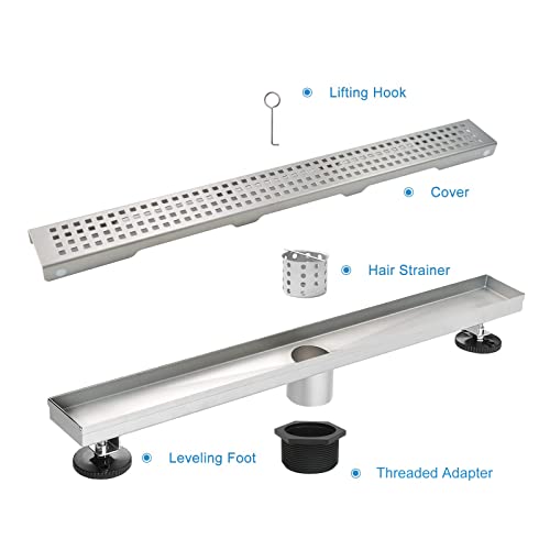 28 inch Linear Shower Drain Brushed Silver with Grate Removable | Square Hole Panel,AISI 304 Stainless Steel Fast Drainage Rectangle Hidden Shower Trench,Detachable Hair Catcher,Leveling Feet - color: Stainless Steel, size: 28 inch+No Base