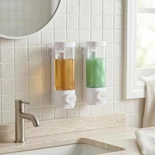 4 Pcs Manual Bathroom Wall Mounted Soap Dispenser, 300ml White Kitchen Bathroom Commercial Shower Clear Refillable Soap Dispenser Clear Plastic Refillable Liquid Lotion Pump and Organizer - color: White