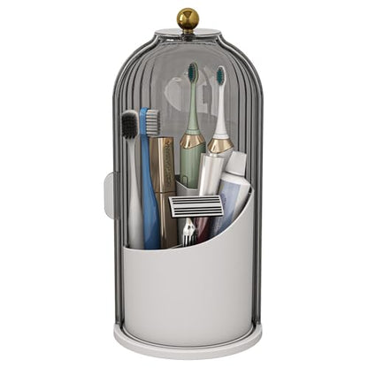 Toothbrush and Toothpaste Holders with Cover, Grey White | Waterproof and Dustproof, 360° Rotating Base, Smooth Sliding Door, 3 Slots, for Bathroom Countertop - color: Grey White