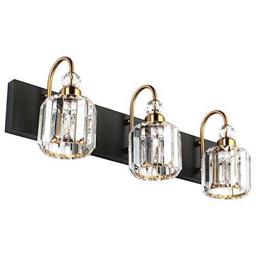 Ralbay Modern Bathroom Vanity Light Fixture, 3-Lights, Black Metal & Crystal, HJ-8600-3T - color: Round-Black+Gold, size: 3-light