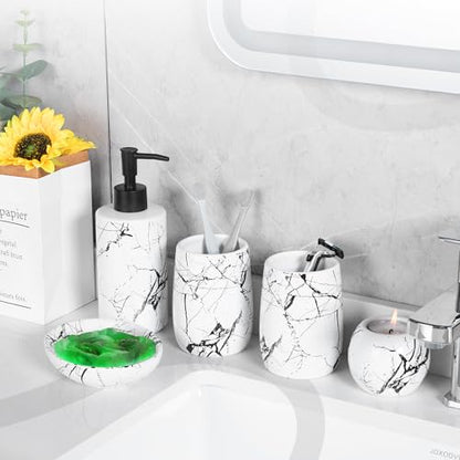Ceramic Bathroom Accessory Set, 5-Piece Bathroom Accessory Set, Soap Dish, Toothbrush Holder, Soap Dispenser, Bathroom Tumbler & Candle Holder - Modern Bathroom Organizer, (White & Black) - color: White and Black