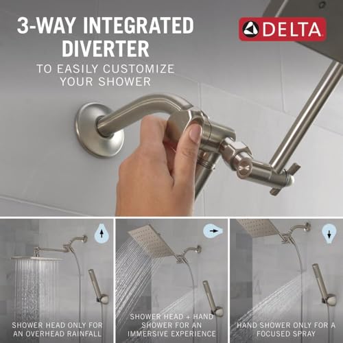 Delta Faucet 10-inch Raincan Shower Head and Hand Held Shower Combo, Brushed Nickel Square Shower Head, Rainfall Shower Head, Hand Shower, 1.75 GPM Flow Rate, Spotshield Brushed Nickel 75527-SN - color: Stainless
