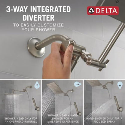Delta Faucet 10-inch Raincan Shower Head and Hand Held Shower Combo, Brushed Nickel Square Shower Head, Rainfall Shower Head, Hand Shower, 1.75 GPM Flow Rate, Spotshield Brushed Nickel 75527-SN - color: Stainless