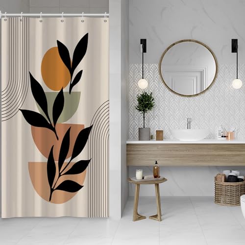 Boho Beige Stall Shower Curtain with Hooks 48x72 Inch | Waterproof Abstract Black Arch Leaves Small Bathroom Curtain for Shower Stall, Machine Washable - color: Abstract 038, size: 48"W x 72"L (Pack of 1)
