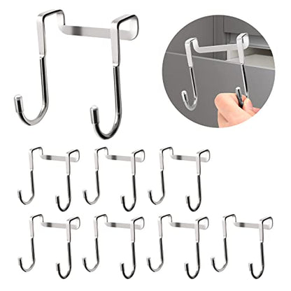 Tinfol Over Door Hook, 8pc Over Cabinet Towel Hook, Stainless Steel Adjustable Double Hook for Kitchen, Closet, Cabinet, Cupboard, Drawer, Wardrobe, Office (Silver) - size: 8 Pieces