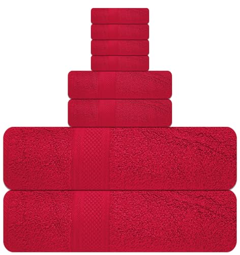 ELITE 8-Piece Zero Twist Cotton Bath Towel Set – 100% Cotton Luxury Towels – Ultra Soft, Fluffy & Absorbent – Quick Dry, Durable & Fade Resistant – Spa Quality Bath, Hand & Washcloth Set (Red) - color: Red
