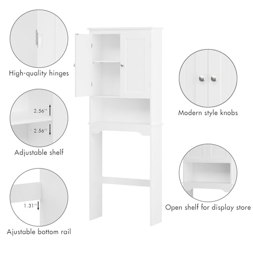 Over the Toilet Storage Cabinet with Double Doors, White Bathroom Storage Cabinets Above Toilet with Adjustable Shelf, Slim Narrow Toilet Rack for Bathroom, White (MDF)