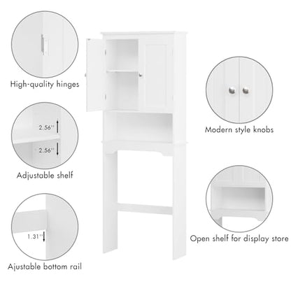 Over the Toilet Storage Cabinet with Double Doors, White Bathroom Storage Cabinets Above Toilet with Adjustable Shelf, Slim Narrow Toilet Rack for Bathroom, White (MDF)