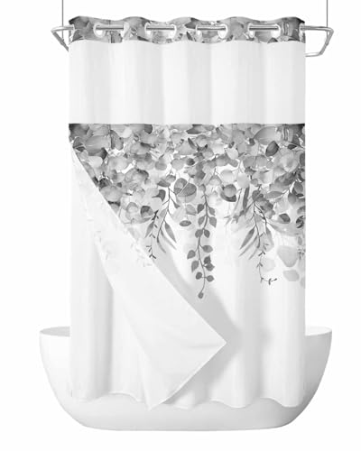 No Hook Shower Curtain and Snap in Liner Set, Gray Eucalyptus Fabric Bathroom Stall Shower Curtains 54x78, See Through Mesh Top Window, Spring Summer Botanical Floral Leaves Country Hotel Style - color: Grey, size: 54"W x 78"L (Pack of 1)