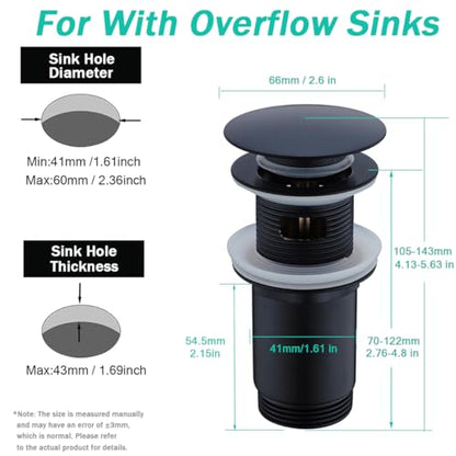 All Metal Bathroom Sink Drain,Pop-up Drain with Detachable Basket Stopper,Anti-Clogging Drain Strainer,Hair Catcher,for Vanity Vessel Sink with Overflow,SE83997PB-1MB - color: Matte Black(with Overflow)