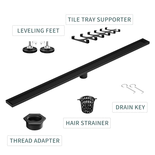 Linear Shower Drain, 304 Stainless Steel Floor Drain 42" | with Tiled Insert Grate & Hair Strainer, Bathroom 2-in-1 Tiled in Drain, CUPC Certified - color: Matte Black, size: 42''