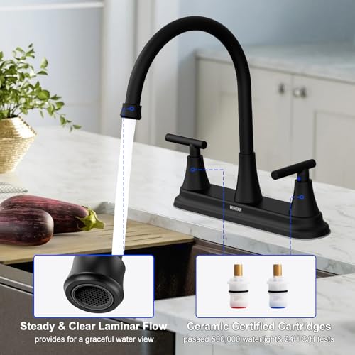 HURRAN 2 Handle Kitchen Sink Faucet, 8 Inch High Arc 360°Swivel Kitchen Sink Faucet, 3 Hole Kitchen Faucet Without Side Sprayer, Centerset RV Kitchen Faucet with Stainless Steel Pipe, Black - color: Black, style: Without Side Sprayer