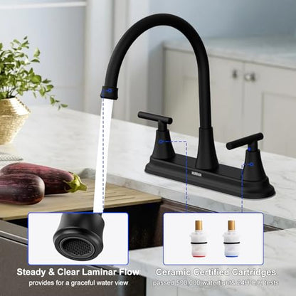 HURRAN 2 Handle Kitchen Sink Faucet, 8 Inch High Arc 360°Swivel Kitchen Sink Faucet, 3 Hole Kitchen Faucet Without Side Sprayer, Centerset RV Kitchen Faucet with Stainless Steel Pipe, Black - color: Black, style: Without Side Sprayer